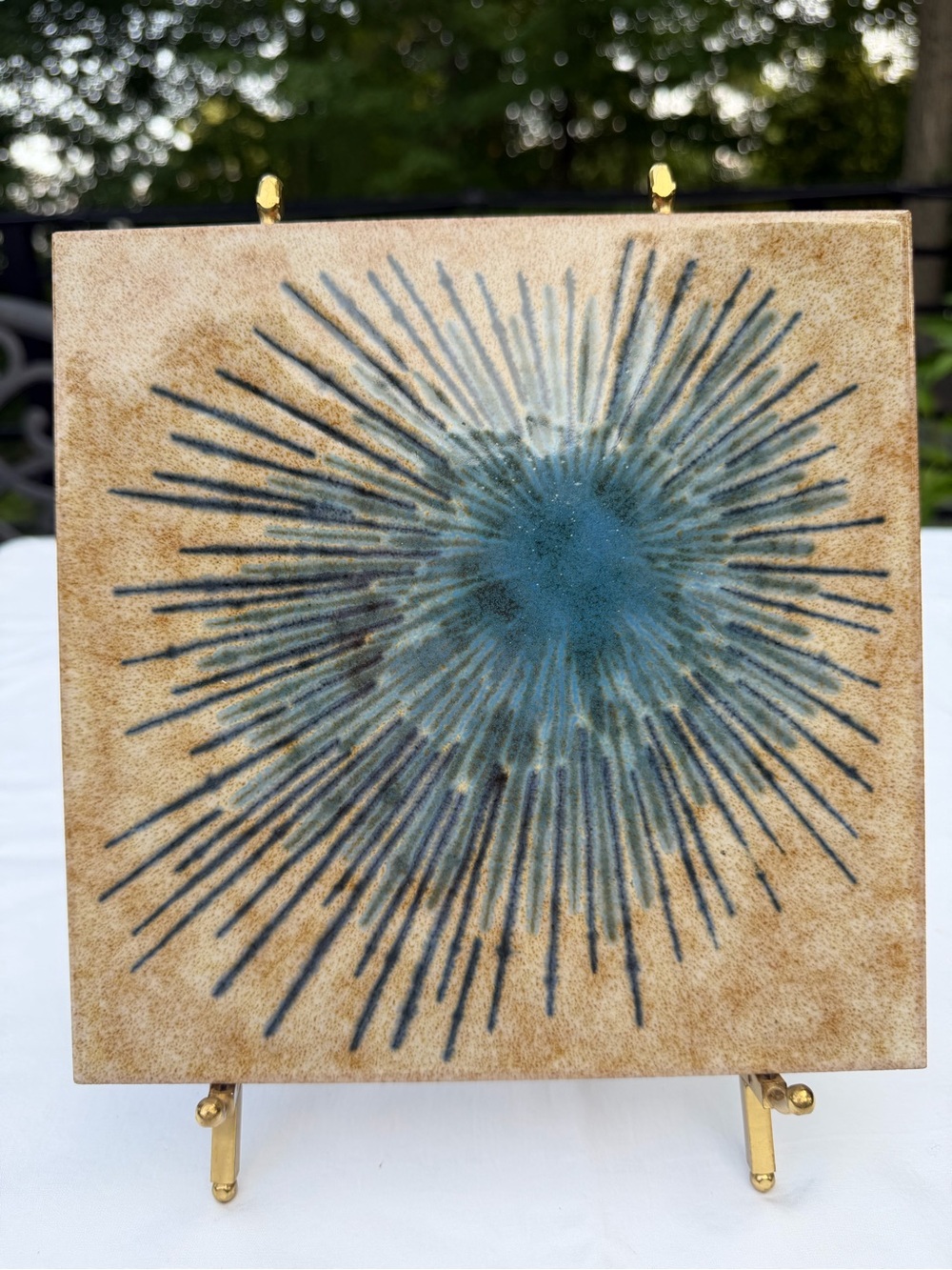 Blue Italian Burst Star Ceramic Wall Art Tile Trivet Home Art MCM style